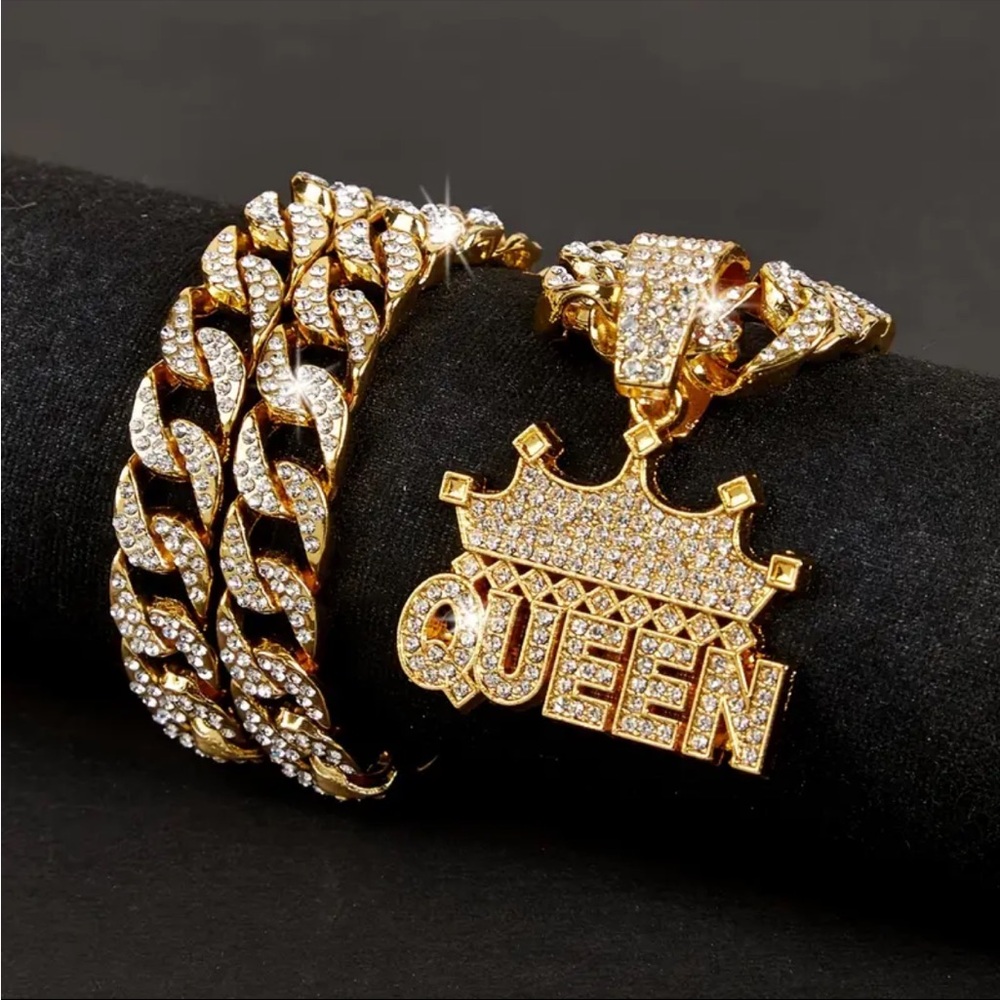 Gold and Rhinestone Crown Queen Hip Hop Necklace